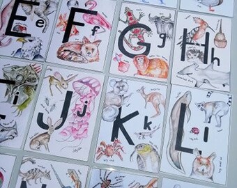 May include: A set of alphabet flashcards featuring colourful illustrations of animals and objects. Each card has a large black letter and a smaller letter in a different colour. The illustrations are hand-drawn and whimsical.