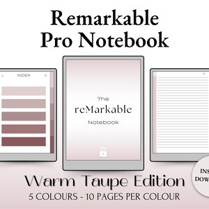 Op de afbeelding: Een digitaal notitieboek voor de reMarkable tablet. Het notitieboek heeft een warme taupe kleurstelling met 5 verschillende kleuren en 10 pagina's per kleur. Het notitieboek is direct te downloaden.