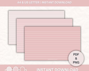 May include: Three printable 5 x 3 inch cards with pink and white horizontal lines. The cards are designed for use with A4 or US Letter paper and are available for instant download as a PDF and PNG file. The text "TICKLED PINK COLLECTION" is at the bottom of the image.