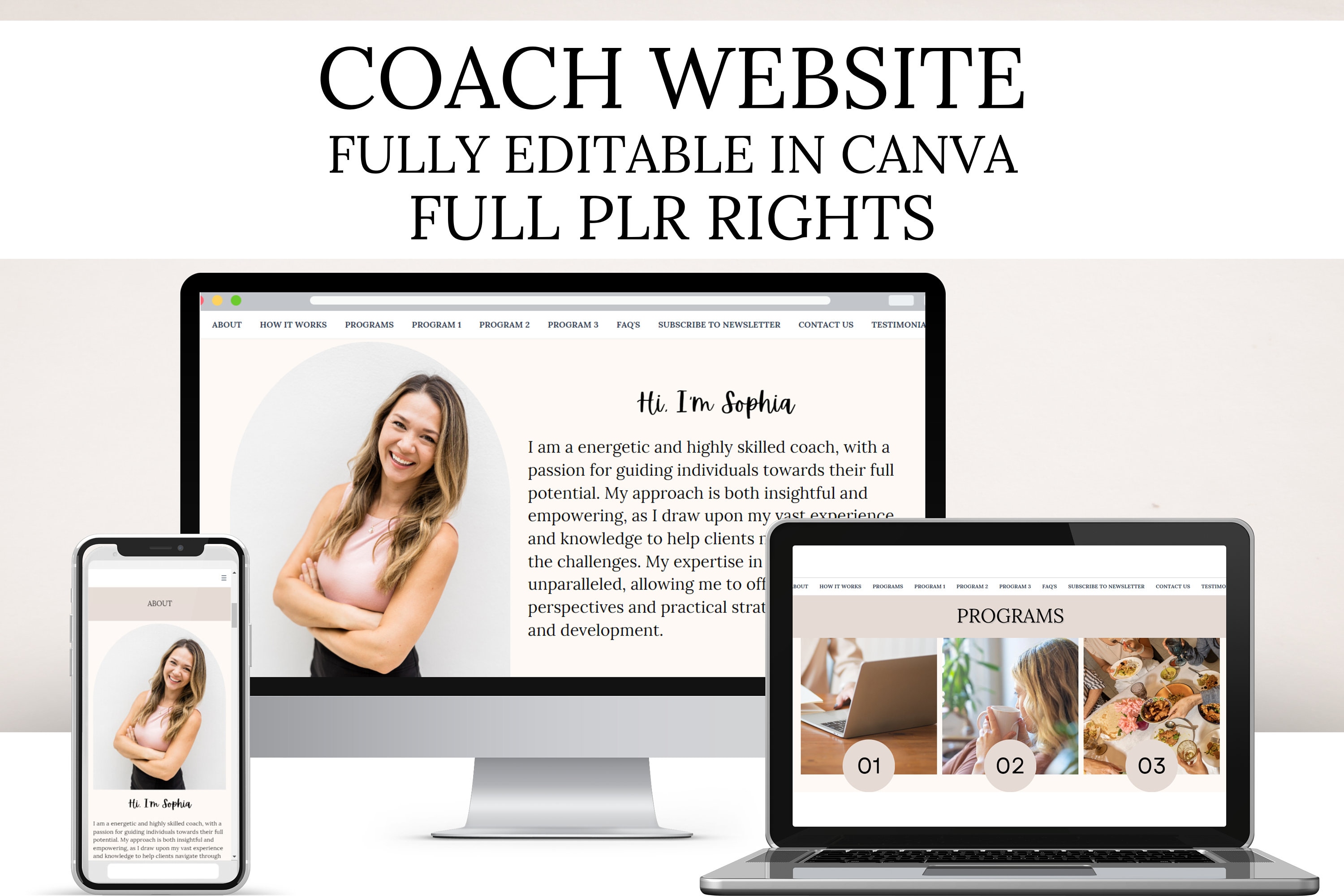 plr rechten CANVA websitesjabloon, coachingwebsite, volledig bewerkbaar, coachingwebsite, voor u gemaakt website, bouw uw eigen website