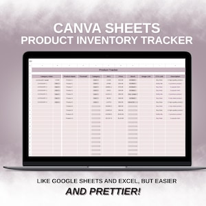 Könnte beinhalten: Ein Laptop-Bildschirm zeigt eine Canva-Tabellenvorlage für die Produktbestandsverfolgung. Die Tabelle enthält Spalten für Kategorieindex, Produktname, Vorschaubild, Kategorie, SKU, Preis, Lagerbestand, Bildlink, CTA-Link und Beschreibung.