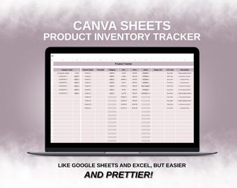 May include: A laptop screen displaying a Canva spreadsheet template for product inventory tracking. The spreadsheet has columns for category index, product name, thumbnail, category, SKU, price, stock, image link, CTA link, and description.