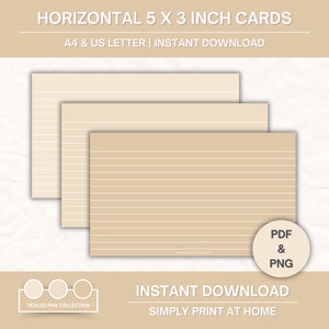Fiches horizontales imprimables 5 x 3, Fiches imprimables avec lignes, Cartes de correspondance vierges non lignées et lignes, Modèle de fiches, Cartes flash, sable