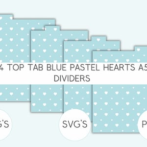 4 top tab a5 planner dividers pastel blue hearts, a5 planner, SVG PNG PDF cut file, cutting file for cricut or silhouette, planner organiser