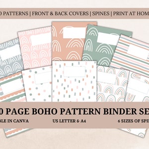 May include: A set of 10 printable boho patterned binder covers in pink, gray, and white. The covers are designed for 80-page binders and are editable in Canva. The text on the image reads "10 PATTERNS | FRONT & BACK COVERS | SPINES | PRINT AT HOME", "80 PAGE BOHO PATTERN BINDER SET", "EDITABLE IN CANVA", "US LETTER & A4", and "6 SIZES OF SPINES".
