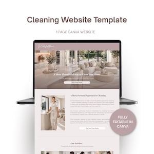 Peut inclure: Un ordinateur portable affiche un modèle de site web pour les services de nettoyage. L'écran présente un design épuré et moderne avec des images d'intérieur. Le texte comprend "Cleaning Website Template" et "Fully Editable in Canva".