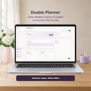 May include: A laptop displaying the Doable Planner digital interface with sections for tasks and a brain dump. The screen shows the text Doable Planner, ADHD-Friendly Digital Planner, A Calmer Way To Plan Your Day, and Desktop & Laptop • Works Offline.