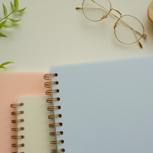 May include: Three spiral-bound notebooks in pastel colors: light blue, peach, and cream. The notebooks have gold-colored spiral bindings. A pair of gold-rimmed glasses and a small wooden tray are also visible. Green leafy sprigs are in the upper left corner.