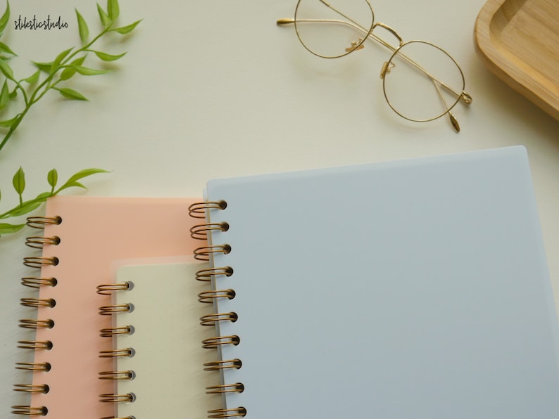 May include: Three spiral-bound notebooks in pastel colors: light blue, peach, and cream. The notebooks have gold-colored spiral bindings. A pair of gold-rimmed glasses and a small wooden tray are also visible. Green leafy sprigs are in the upper left corner.