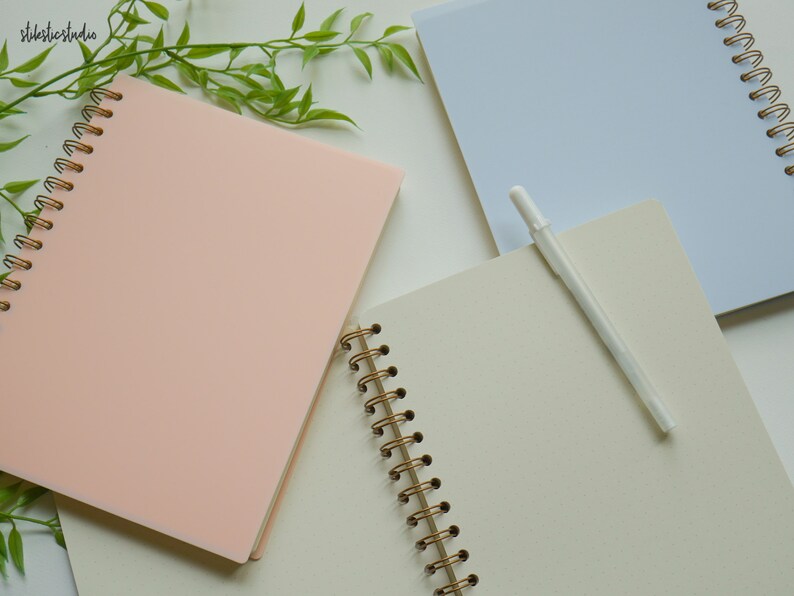 May include: An overhead shot of three spiral-bound notebooks in pastel colors: light pink, light blue, and cream. A white pen rests on the open cream-colored notebook. The notebooks have gold-colored spiral bindings. Green leafy sprigs are in the background.