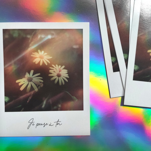 Carte Polaroïd - Je pense à toi (pola, fleurs, pensée, arc en ciel, gentillesse, bienveillance)