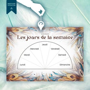 May include: A printable chart with a colorful feather design border. The chart is titled "CADRAN Les jours de la semaine" and shows a circle divided into seven sections, each labeled with a day of the week in French: Lundi, Mardi, Mercredi, Jeudi, Vendredi, Samedi, Dimanche.