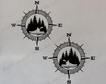 Kayak Compass Decal Mirrored Set, Lake Life Decals,  Wilderness Decals, Nature Stickers, Car Stickers, Truck Decals, Sizes to 28"