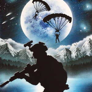 May include: A black silhouette of a soldier holding a rifle, standing in front of a lake and mountains. The sky is dark blue with a large, bright moon and two parachutists descending from the sky.