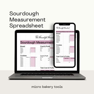 Pode incluir: Um laptop e um smartphone exibindo uma planilha de medição de massa madre. A tela do laptop mostra uma planilha com células rosa e brancas, enquanto o telefone mostra um layout semelhante. O texto na tela inclui "Sourdough Measurement Spreadsheet" e "micro bakery tools."