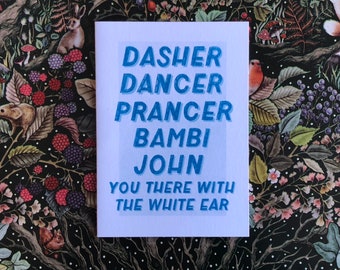 Dasher, Dancer, Prancer, Bambi - handlettered Arthur Christmas card (A6)