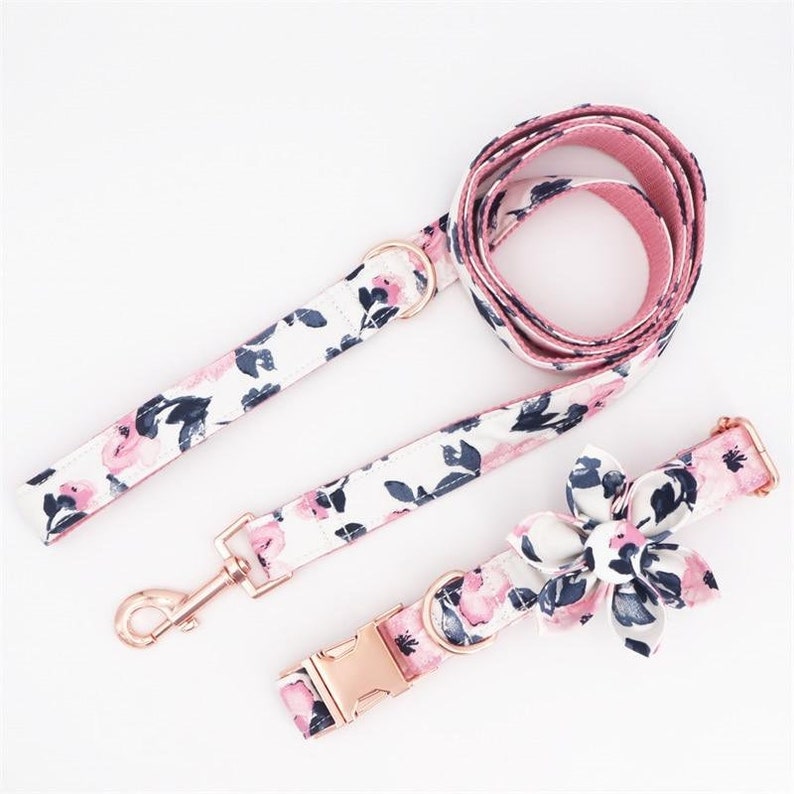 Set of Dog Collar and Leash with pink and white flowers Etsy