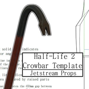 Puede incluir: Una plantilla de palanca negra y marrón para los accesorios del videojuego Half-Life 2. La plantilla incluye un dibujo de línea de la palanca con líneas azules, verdes y rojas que indican diferentes características. El texto "Half-Life 2 Crowbar Template Jetstream Props" también está incluido.