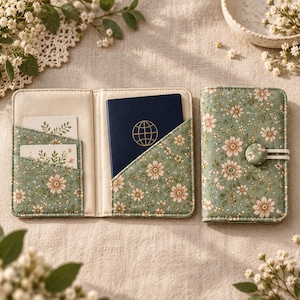 May include: A sage green passport holder with a white floral pattern, featuring a button closure and an elastic loop. The interior includes two card slots and a pocket holding a dark blue passport with a gold globe icon on the front cover.