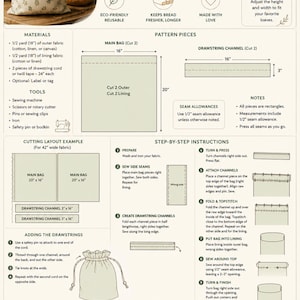 Puede incluir: Un patrón de costura para una bolsa de pan, que muestra una bolsa beige con cordón y estampado floral verde, diagramas de corte, instrucciones de montaje paso a paso, listas de materiales e instrucciones de cuidado en inglés.