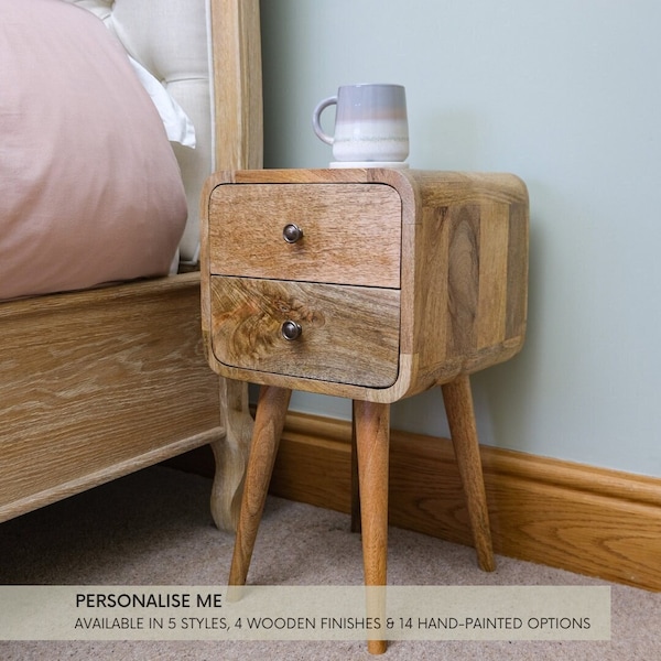 Small Curved Bedside Table | 2 Storage Drawers | Light Mango Wood | Compact Scandi Nightstand | Hand Painted Option Available