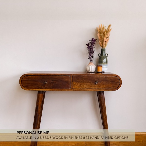 Dark Mango Wood Console Table | Retro Hallway Side Table with Drawers