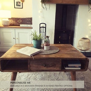 Curved Coffee Table Two Storage Drawers and Open Slot Shelves | Living Room Mango Wood Storage Furniture | Hand Painted Option Available