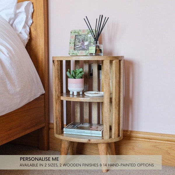 Slatted Open Bedside Table 2 Shelves Slat Light Natural Mango Wood Small Wooden Japanese Storage Side Table | Hand Painted Option Available