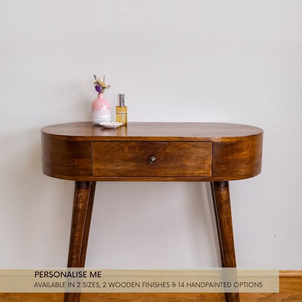 Mid Century Mango Wood Console Table | Oval Hallway Table with Drawer