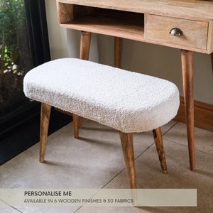 Cream Boucle Bench with Mango Wood Tapered Legs Long Scandinavian Style Dressing Table Bench Nordic Legs Unique Stylish Desk Chair Seating