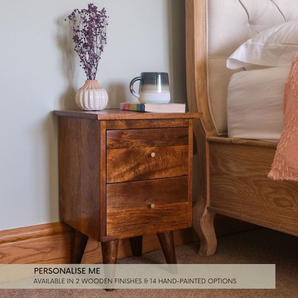 Small Mango Wood Bedside Table | Mid-Century Modern Nightstand, Two Drawers