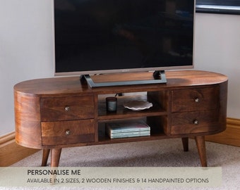 Curved TV Stand 4 Storage Drawers and Open Slot Shelves Chestnut Mango Wood Retro Style Large Media Unit | Hand Painted Option Available