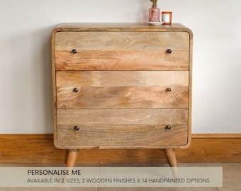 Curved Chest of 3 Drawers in Light Mango Wood Solid Wooden Scandinavian Style Bedroom Storage Chest | Hand Painted Option Available