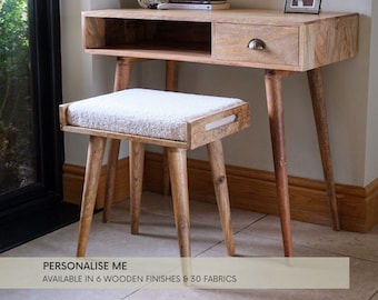 Small Cream Boucle Square Tray Stool in Light Mango Wood | Nordic Style Piano Stool | Neutral Desk Bench | Scandinavian Hallway Seat