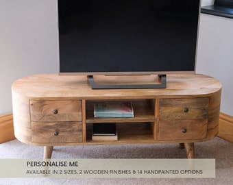 Rounded TV Stand 4 Storage Drawers 2 Open Slot Shelves Light Mango Wood Large Rustic Retro Style Media Unit | Hand Painted Option Available