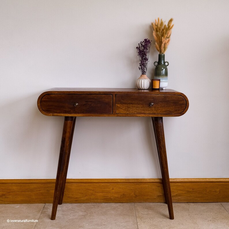 Curved Console Table Two Drawers Solid Dark Mango Wood Retro Etsy UK