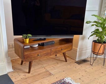 Curved Solid Wood TV Stand with Open Storage and Drawers -  Handmade Living Room Furniture