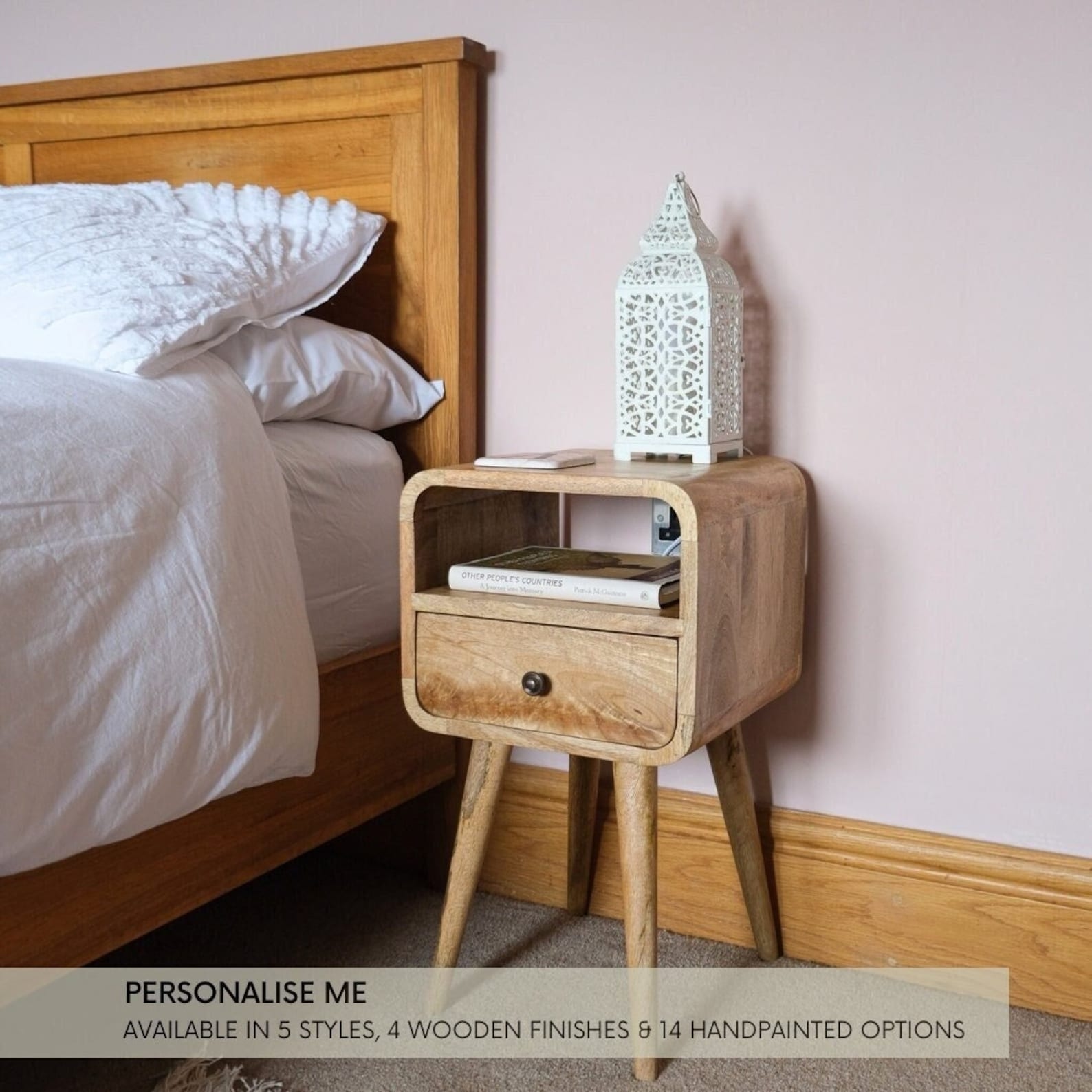 Solid Mango Wood Scandi Bedside Table | Curved Nightstand With Drawer ...