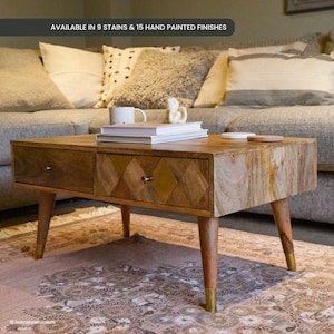 Rectangle Mango Wood Coffee Table with Brass Diamond Inlay | Living Room Table Storage Drawers