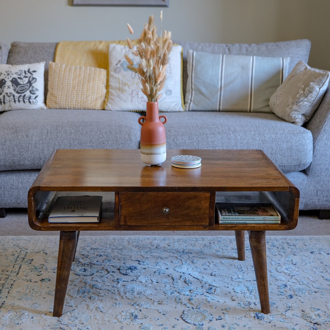 Curved Coffee Table With Two Storage Drawers & Two Open Slot - Etsy