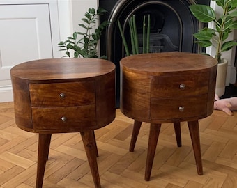 Solid Wood Round Bedside Table, Chestnut Finish Nightstand with Two Drawers, Handmade Wooden Furniture