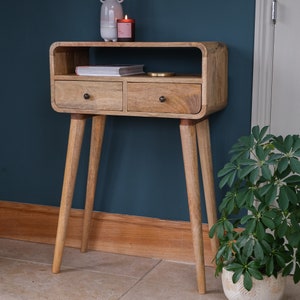 Mini Curved Console Table With 2 Drawers Open Storage Shelf Solid Mango ...