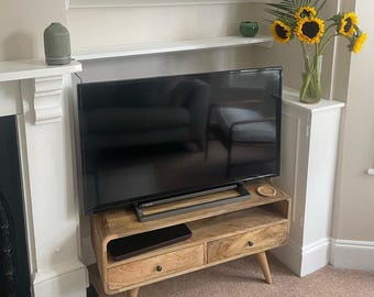 Scandinavian TV Stand with Storage 90cm Wide Solid Mango Wood Natural Light Brown