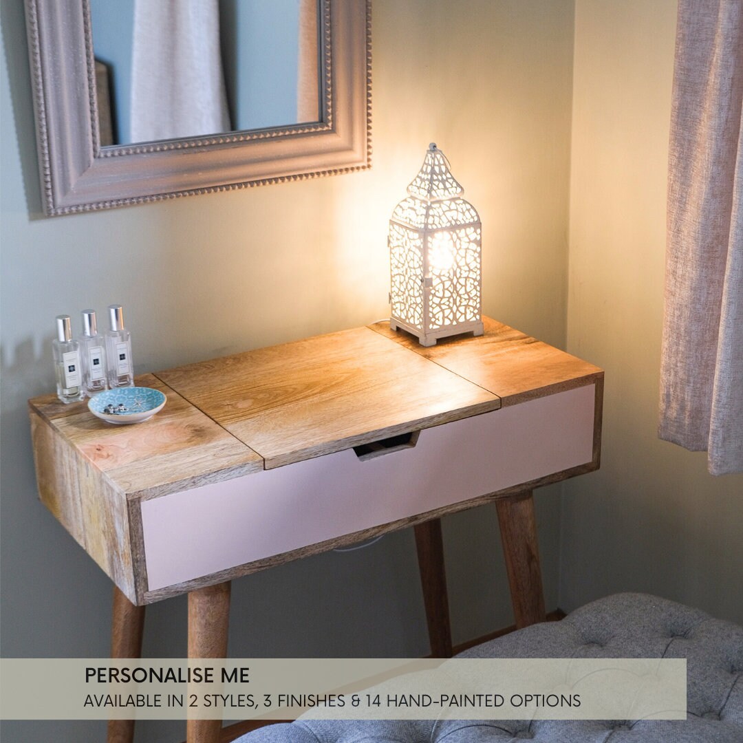 Small Scandinavian Dressing Table Pink Hand Painted Front Hidden Storage Foldable Mirror in Solid Mango Wood Hand Painted Option Available Etsy