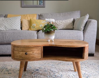 Round Wooden Coffee Table with Storage Drawer and Open Slot Light Brown Natural