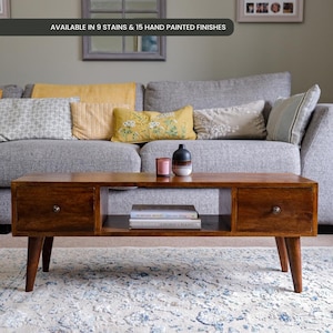 Mid Century Modern Mango Wood Coffee Table with Storage Drawers - Hand Painted Finishes Available