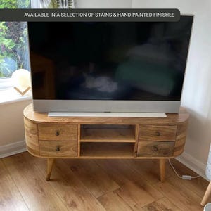 Rounded Solid Wood TV Stand with Storage - Handcrafted Mango Wood Living Room Furniture