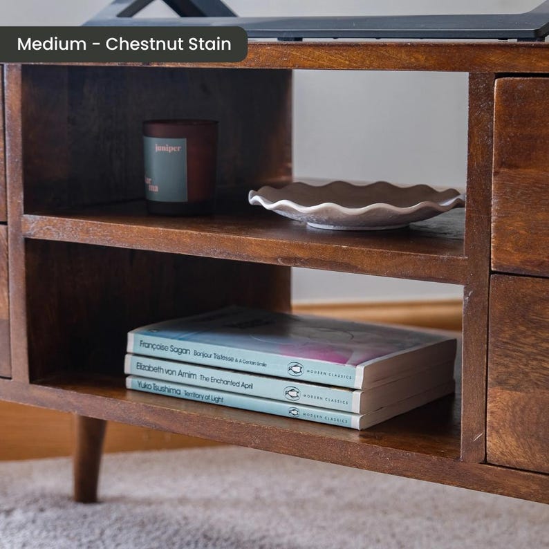 Solid Wood TV Stand 110cm Wide with Storage for Living Room Natural Light Brown zdjęcie 7