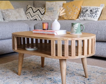 Round Open Slatted Coffee Table Solid Mango Wood Natural Finish | Japandi Scandinavian Style