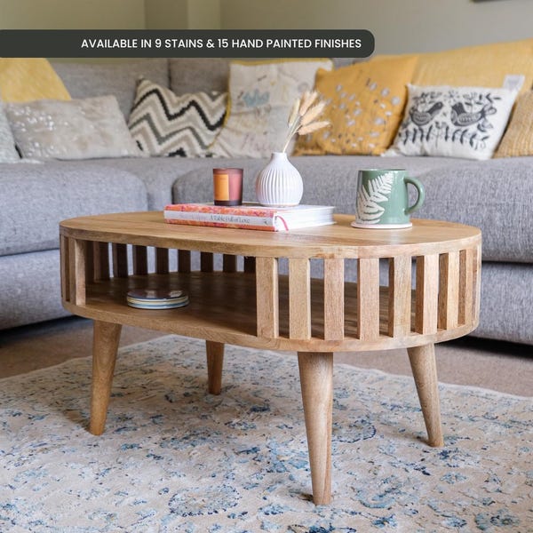 Round Open Coffee Table Slatted Mango Wood Light Brown Modern Scandinavian